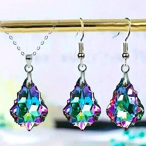 Austrian Crystal Necklace Earrings Set Mystic Fire Silver Dangle Baroque Leaf E…
